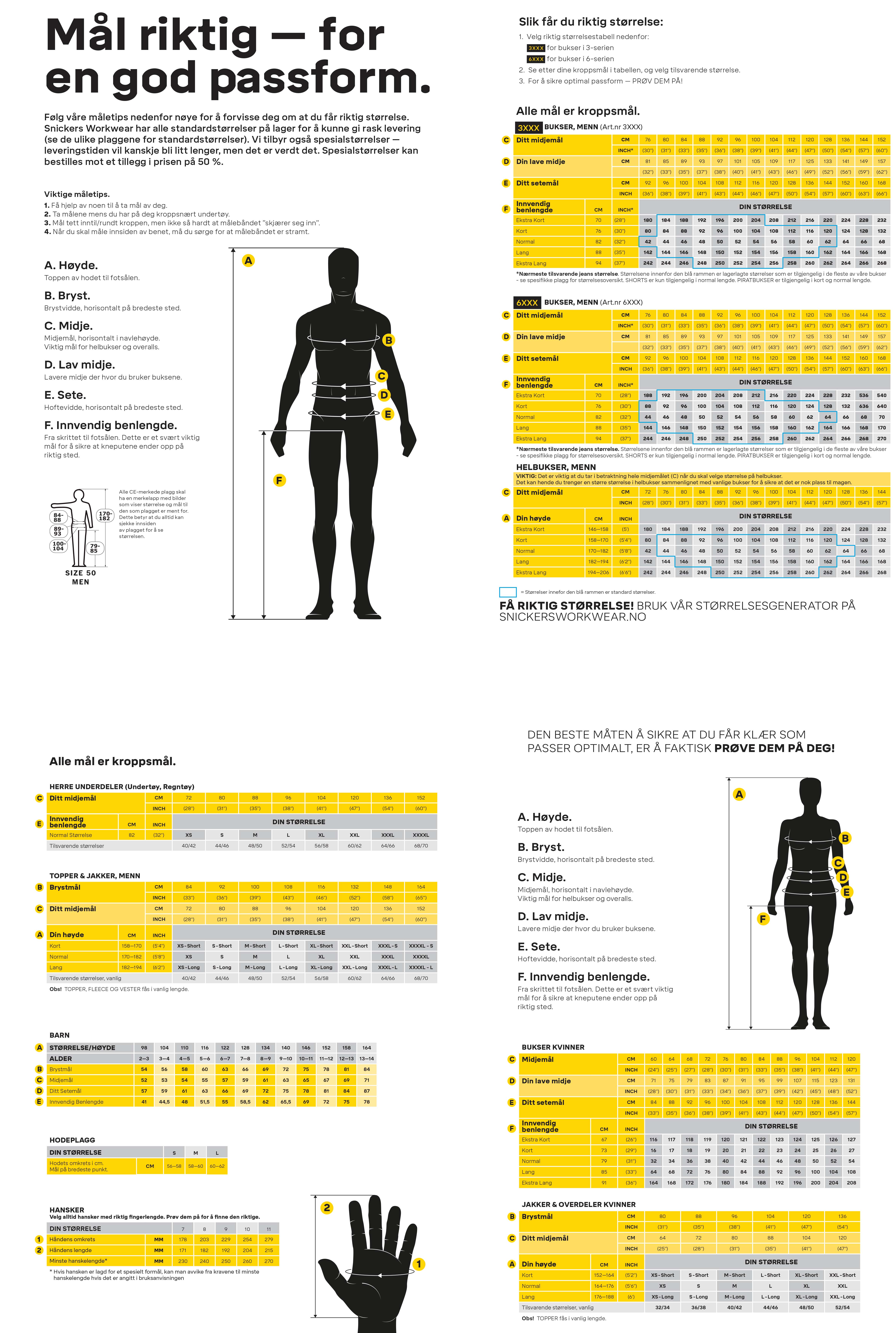 Snickers størrelsesguide